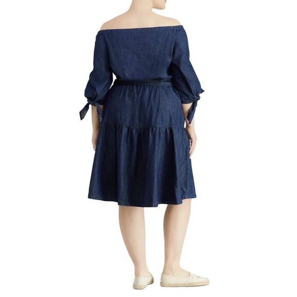 Ralph Lauren Amanthia Denim Chambray Off Shoulder Dress 18W Blue Casual NWT - Picture 2 of 11